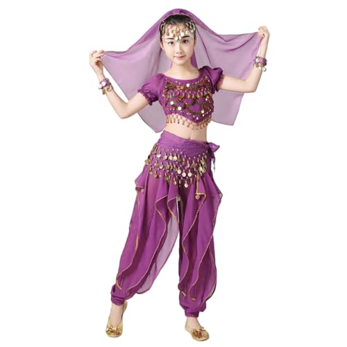 Girls Belly Dance Pants with Short Sleeved Top Skirt Hip Scarf All Set High Waist Stretchy Pants for Yoga Practice E-795 Purple 11-13 Years