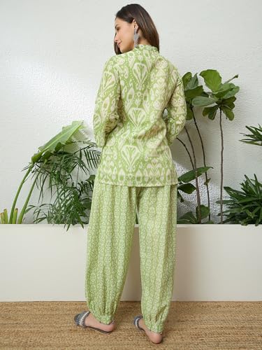 Image of EthnicJunction Women's Linen Floral Print Summer Wear Straight Short Kurti with Afghani Pant Set | Co Ord Set for Women Stylish | Fusion wear Women