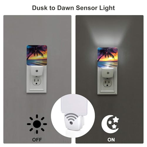 Image of Sunset Beach Night Light Set of 2, Coconut Tree Auto Sensor LED Dusk-to-Dawn Nightlights, Plug-in Sensor Lamp for Bedroom Bathroom Kitchen Hallway Stairs Decorative