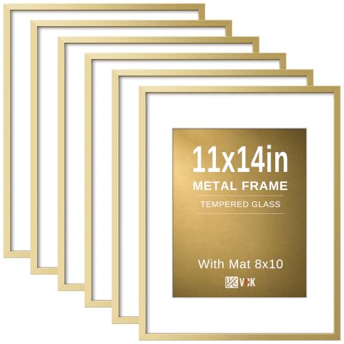 Image of VCK 11x14 Picture Frame Gold Metal, Real Glass, 8x10 Mat, 6 Pack, for Arts