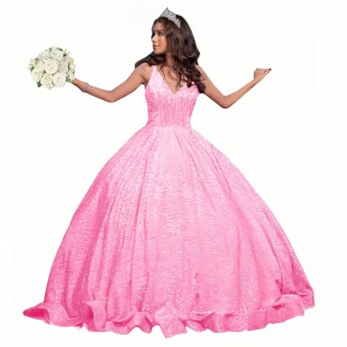 Sparkly Sequin Quincenera Dresses Glitter V Neck Ball Gown Sleeveless Puffy Dress Sweet 16 Dresses for Women