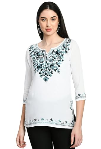 Image of QAZMI Women's Cotton Embroidered Short Kurti (Aari Work) White-Blue XL
