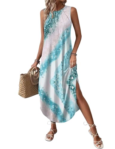 Image of Zeagoo Women Floral Summer Casual Beach Printed Tank Dress with Pockets Pleated Front Long Dress