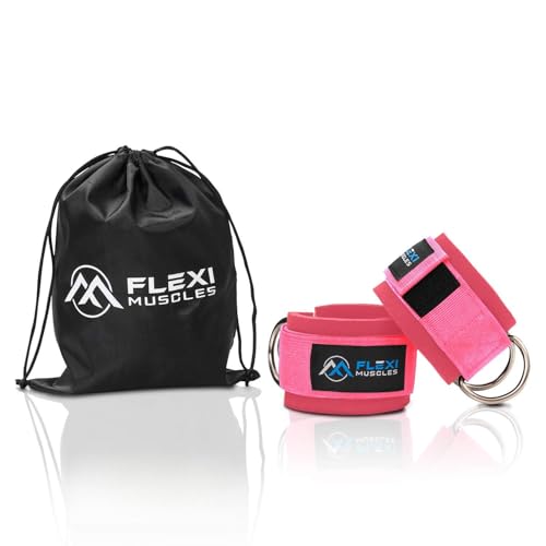 Flexi Muscles - Ankle Straps for Cable Machines. Our Comfortable Adjustable Padded Ankle Workout Straps with Double D-Ring Ideal for Glutes Exercises Leg Workout and Kickbacks (Pink)