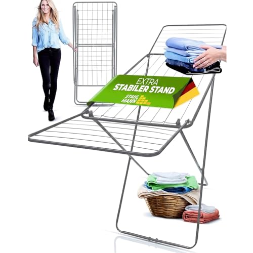 STAHLMANN ® Wäscheständer [18 m Trockenfläche] - Wäscheständer Silber platzsparend mit rutschfesten Füßen - Klappbarer Flügelwäscheständer...