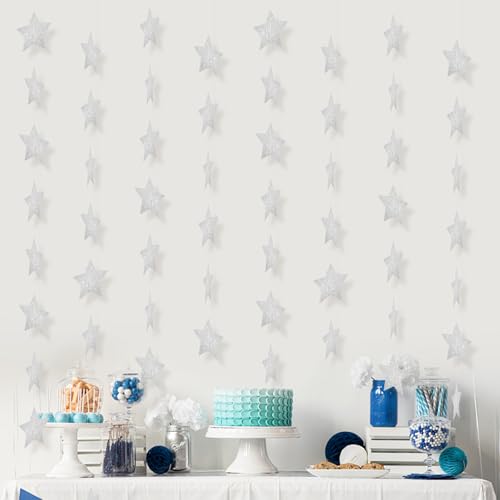 Image of Silver Glitter Star Garland Banner Streamers - 2.76 Inch 52 FT 4 Strands Paper - Hanging Garland for Bachelorette Birthday Engagement Baby Shower Bridal Shower Party Decorations