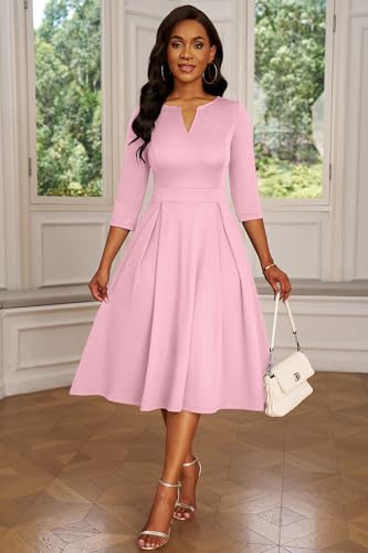 Image of Nmoder Women's A-Line Midi Dress 3 /4 Sleeve V-Neck with Pockets | Midi dress for work, church, flattering high-waist A-line back zipper for easy on /off, side pockets for convenience