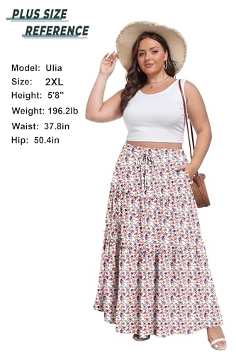 Image of Lepunuo Womens Casual Boho High Waisted Flowy Maxi Skirts Tiered Floral Long Skirts with Pockets for Summer Beach Vacation
