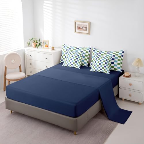 Image of Erosebridal Blue Green Checkered Comforter Set Full Size 7 Piece Navy Teal White Grids Plaid Bedding for Kids Boys Teen Men,Geometric Buffalo Gingham Bed in A Bag Modern Fashion Bed Set Room Decor