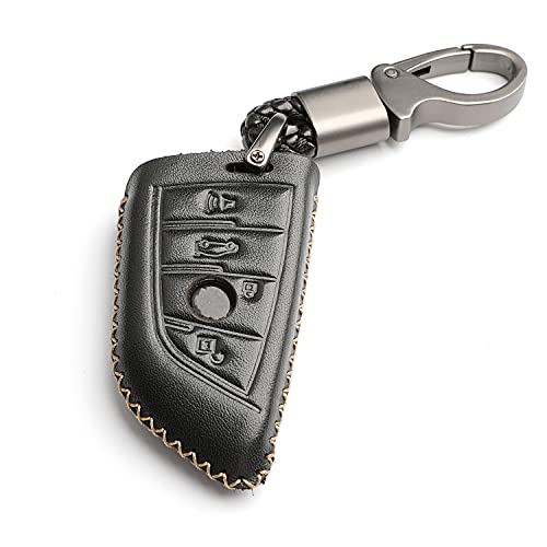 WFMJ Leather for BMW 2 5 6 7 Series X1 X2 X3 X5 X6 Remote 4 Buttons Key Fob Case Cover Skin Covers Chain (Black)