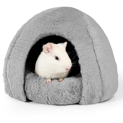 ONEJU Meerschweinchen Versteck, Flauschiges, teilbares Kleintierbett mit Druckknopfverschluss, kuscheliges Meerschweinchenbett mit runder Umrandung, Iglu Form, grau
