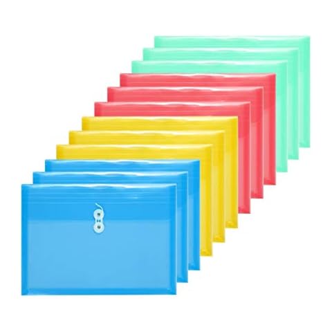 kidsnado TIENO 12 Plastic Envelopes with String Closure Legal Size Expandable Gusset Folder Side Load Holder Assort Color Cover