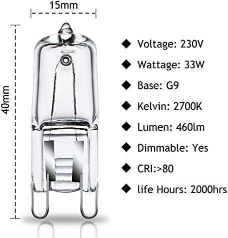 GMY G9 Halogen Light Bulbs 33W G9 Capsule Light Bulbs 230V 2700K Warm White Dimmable 10 Pack