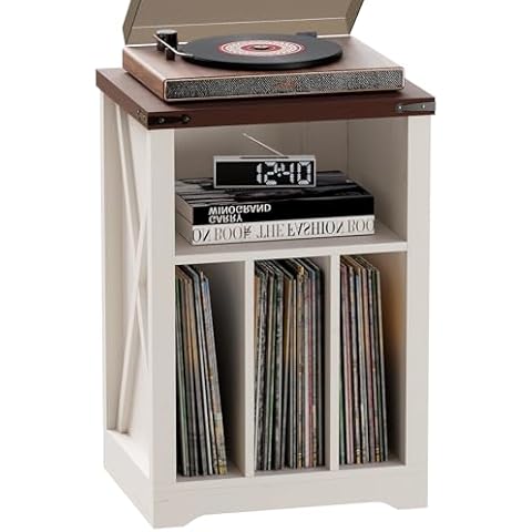 BEWISHOME Record Player Stand, Wood Turntable Stand with Vinyl Record Storage Up to 160 Albums, Farmhouse Record Player Table for Living Room Bedroom, Wihte KCZ01W Cover
