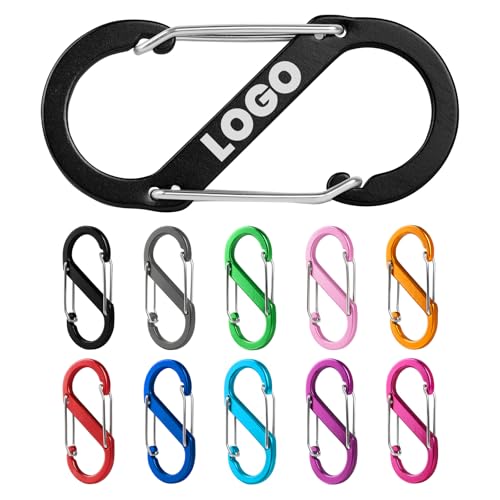 Aspire Custom 10 Packs S-Shaped Aluminum Spring Snap Hooks, Engraved Double Gate Carabiner for Keychains Camping- Black 2 Inch
