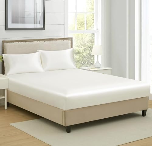 RD TREND® Microfiber Satin Weave Fitted Bedsheets for Queen Size Bed 78x60x10 Inch with 2 Pillow Covers-18x28 Inch | 400 TC All Around Elastic | Cream