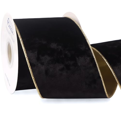 Image of Ribbli Black Velvet Wired Ribbon 4 Inch Metallic Black Gold Crushed Velvet Christmas Ribbon for Gift Wrapping Christmas Tree Decoration Crafts Wreaths Supplies-Continuous 10 Yards