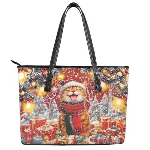 Image of Coldinair Christmas Leather Tote Bag for Women with Zipper Large Shoulder Tote Bag Shopping Casual Travel Bag Handbag Purse