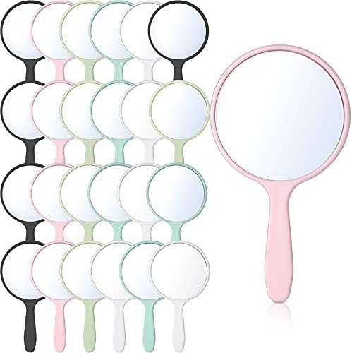 Jetec 25 Pcs Hand Mirrors with Handle Handheld Small Mirror Bulk Compact Portable Round Mirror Travel Makeup Mirror Kids for Women Girls Travel Camping Daily Use (White, Pink, Black, Blue, Green)