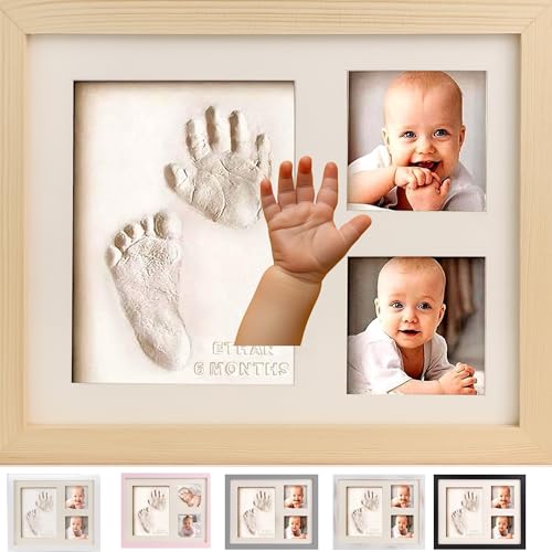 Image of Baby Footprint Kit, Newborn Foot and Hand Print Kit, Infant Keepsake Frame, Nursery Pictures Frames, Infant Handprint, New Mom Gifts, Newborn Essentials Must Haves, Baby Shower Gifts (Natural Wood)