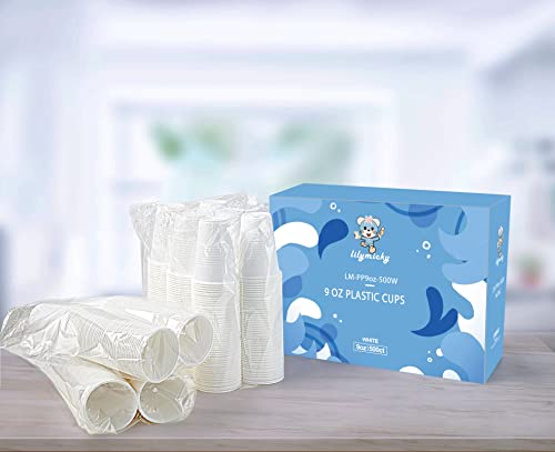 Lilymicky 500 Pack 9 oz Disposable Plastic Cups, 9 Ounce White Party Drinking Cups for Birthday Parties, Picnics, Ceremonies, and Weddings