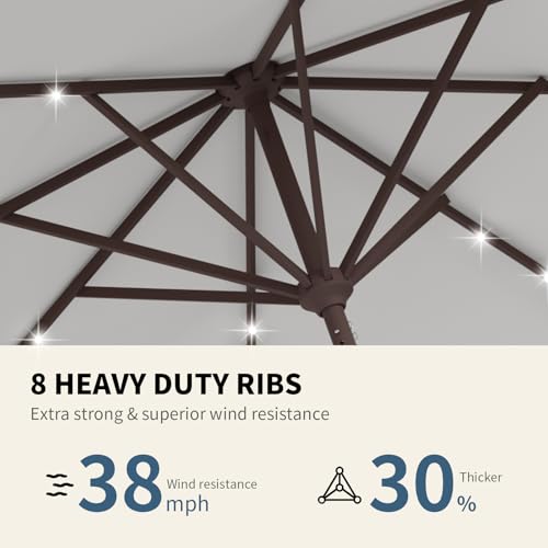 Image of 9FT Patio Umbrella with Solar Lights,Outdoor Market Umbrella with Tilt and Crank, LED Lighted Table Umbrella for Garden,Deck,Backyard,Pool,Beach (Light Gray)