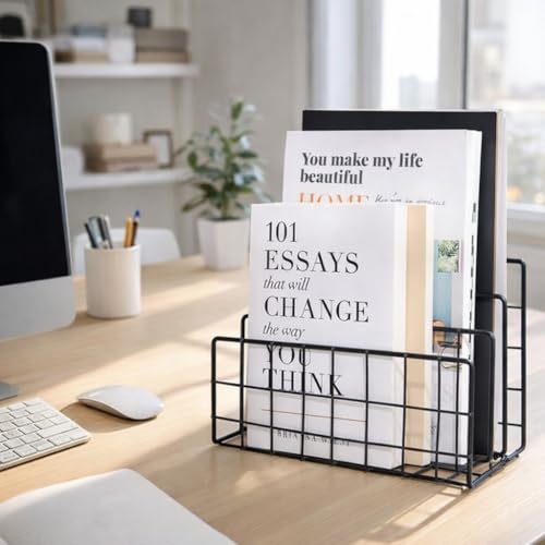 Image of File and Magazine Holder - Book Shelf Organiser Small Book Shelf for Table Metal Letter Organiser with 3 Compartments, Desk Table Decor, Letter Document Sorter (Black)