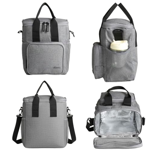 Image of Aliens Thermal Insulated Lunch Bag with Handle & Adjustable Shoulder Strap, Large Capacity Meal Bag /Tiffin Bag /Lunch Holder /Meal Container Picnic Bag for Food Storage, Office, Travelling, Picnic-Gry