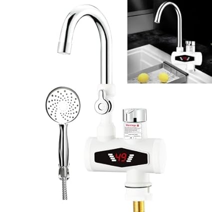 ELECTROPRIME Compatiable for Dynamic Digital Display Instant Heating Electric Hot Water Faucet Kitchen&Domestic Hot&Cold Water Heater EU Plug, Style:With Shower Head