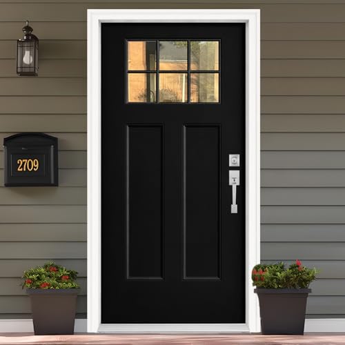 Fiberglass Front Entry Door 36 X 80 Black Exterior Door Left Hand Inswing with Brickmould Vinyl Frame Woodgrain Finish Knock-Down Door 6-Lite Low-E Glass Energy Efficiency for Homes Entrance