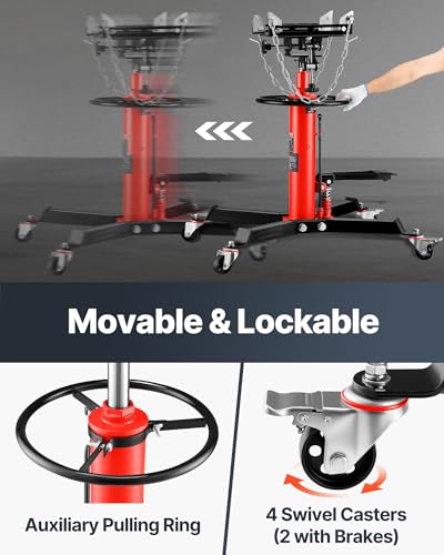 Image of VEVOR 1 /2Ton /1100lbs Capacity Hydraulic Transmission Jack, Car & Truck Compatible, 33.5-67 Inch Lift Range, 2-Stage Jack Stand with Foot Pedal, 360 Swivel Wheel, Red