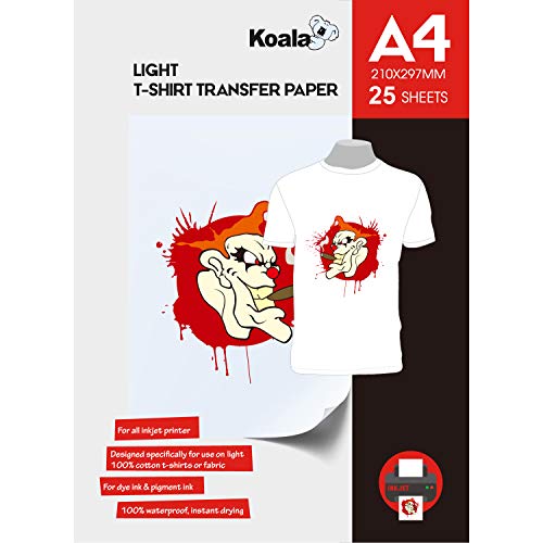 KOALA Papel de transferencia de tinta para camisetas de blancas y claras, 25 hojas, A4