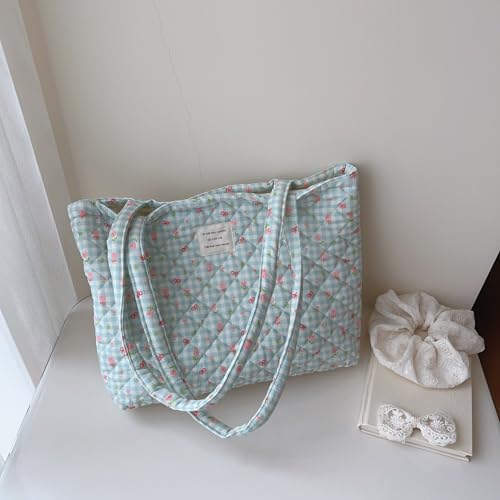 Image of Floral Quilted Cotton Shoulder Bag for Women Daily Use Medium Size Handbag Large Capacity Thickened Design Tote