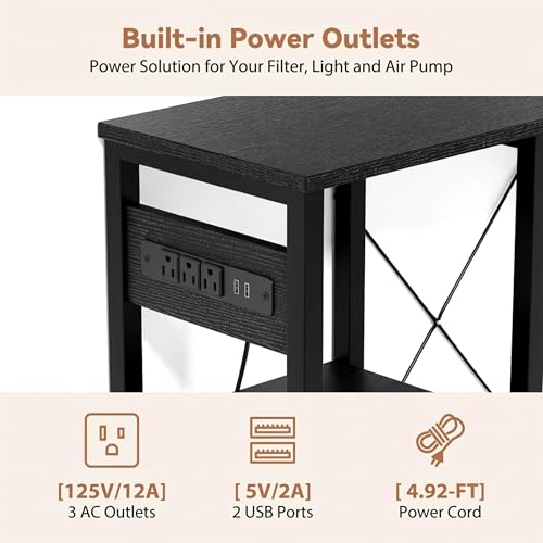 Image of GRLEAF 5-10 Gallon Fish Tank Stand with Power Outlets, 4 Tier Metal Aquarium Stand with Wood Storage Shelves, 20.3 inch L x 10.6 inch W x 30.3 inch H Turtle Reptile Fish Tank Table Aquarium Table - Black