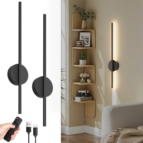 Aipsun 2pcs Lámpara de pared recargable con mando a distancia para interiores, 10000mAh - 60CM Negro 5W 360 ° giratorio lámpara de salón con temporización y regulación, 3000K-6000K, para el dormitorio