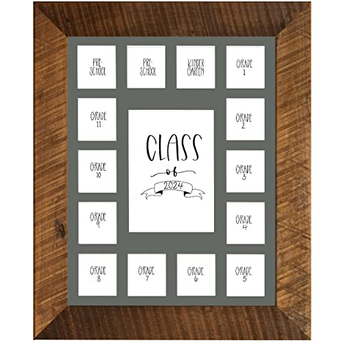 Image of Rustic Red Door Co. School Years Reclaimed Wood Picture Frame - 11x14 Wooden Framed 15 Photo Collage Mat Pre-School & Kindergarten to 12th Grade High School Graduation (Class of 2024, Grey)