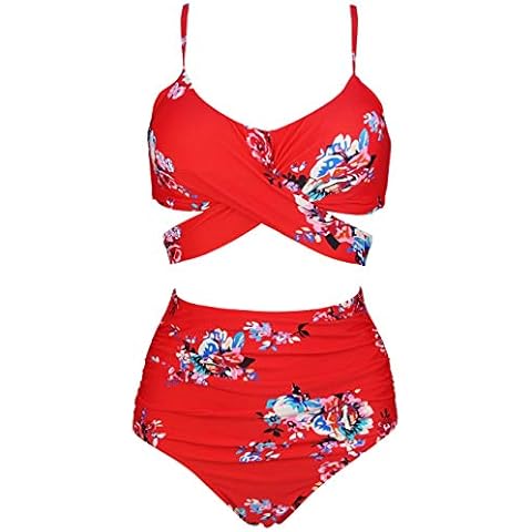 COCOSHIP Red & White & Jade Pink Garden Flower Retro Ruched High Waist Bikini Set Criss Cross Push Up Swim Bath Suit 4 Cover