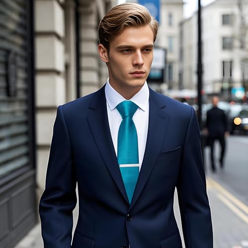 Image of YourTies Skinny Ties for Men Satin 2.4 inch Slim Necktie with Pocket Square Tie Clip Set Solid Color Wedding Party Business