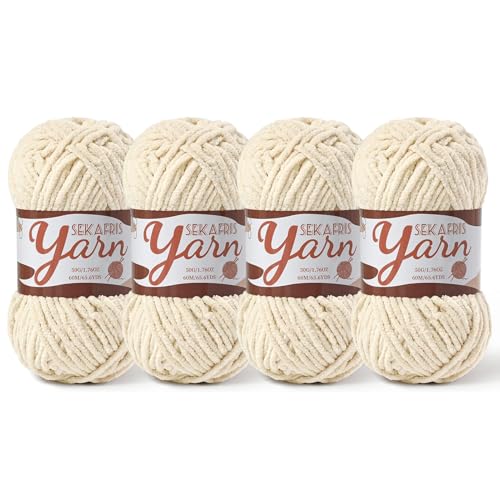 Image of 4 Pack Fluffy Velvet Yarn for Crocheting,Baby Blanket Yarn for Crocheting Soft,200g(262.4yds) Amigurumi Yarns,Plush Chenille Crochet Yarns,Puzzle Yarn for Crochet Weaving Craft(4 Beige)