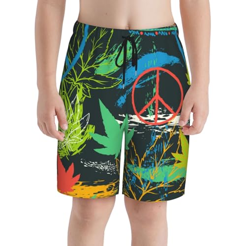 Boys Swim Trunks Hippie Peace Symbol-Cannabis Abstract Kids Swim Shorts Quick Dry Beach Board Pocket3