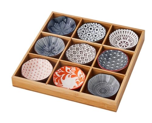 【Zeusom】お皿 和風小皿セット 竹トレイ 小鉢 前菜皿 盛り鉢 醤油皿 ソース皿 和食器 陶器 セラミック 天然木 深型 仕切り付き 9 点セット 使いやすい 多用途 アイスクリーム 火鍋 焼肉屋 寿司屋 食洗機 (B)