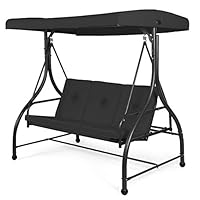 COSTWAY 3 Seater Garden Swing Chair, Convertible Outdoor Hammock Bench Chair with Adjustable Canopy and Cushions, Steel Frame Porch Patio Swing Seat Lounger for Balcony, Deck and Poolside (Black)