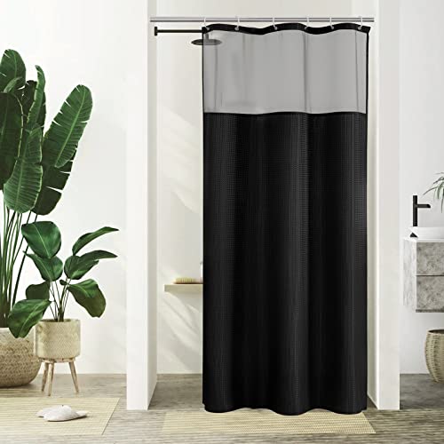 Gibelle Small Stall Shower Curtain 36 x 72 Narrow Half Waffle Weave Fabric Shower Curtain with Mesh Top Window and Hooks Set Hotel Style Bathroom Design Black
