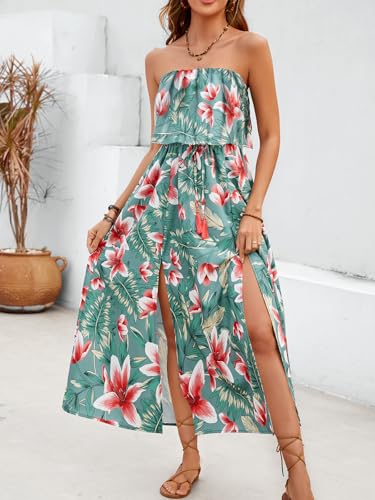 Image of Women's Ruffle Floral Maxi Summer Casual Dress Off Shoulder Wedding Guest Slit Hem Beach Prom Dresses