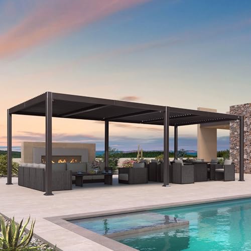 Image of PURPLE LEAF 11' x 23' Louvered Pergola Outdoor Adjustable Louvre Shade Modern Patio Aluminum Pergola with Retractable Roof for Deck Backyard Garden Hardtop Gazebo, Bronze