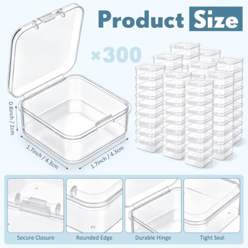 Image of SATINIOR 300 Pcs Clear Plastic Beads Storage Containers Box Small Clear Boxes with Hinged Lid Plastic Case Mini Square Arts Crafts Storage Organizers for Small Items (1.7 x 1.7 x 0.8 Inch)