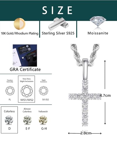 LuxeFlex 925 Silver Moissanite Cross Pendant, VVS D Clarity Moissanite Rhodium Plated White Gold Classic Cross Pendant, Hip Hop Fashion Sparkling Traditional Necklace Gift4