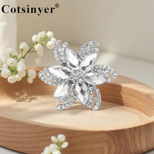 Image of Vintage Flower Brooch for Women - Elegant Lapel Pin with Rhinestones & Crystals for Suits, Coats, Dresses, Hats, Scarves and Shawls