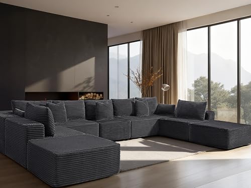 Image of 168 inch Cloud Sectional Couch, Comfort U Shaped Sofa for Living Room, Extra Deep Seats No Assembly, Minimalist Modular Couch, Corduroy (Dark Grey, 9 Seats,U-Shape A)