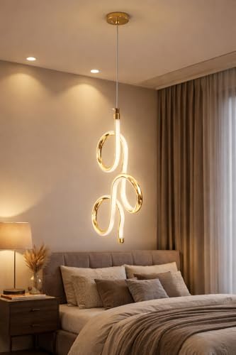 Image of Modern Curved Shape Gold Finish Energy Saving Led Pendant Hanging with 3 Different Color Mode (Warm White, Cool White, Neutral White) for Bedroom, Living Room, Restaurants, Dining, Home